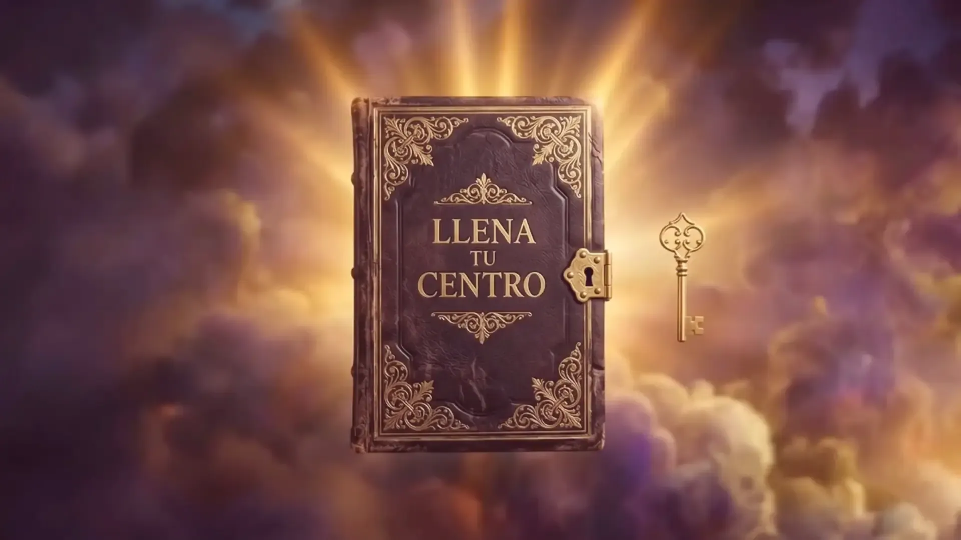 Un libro antiguo encuadernado en piel, con «Llena Tu Centro» grabado en oro y una llave suspendida al lado, flotando entre nubes barrocas.